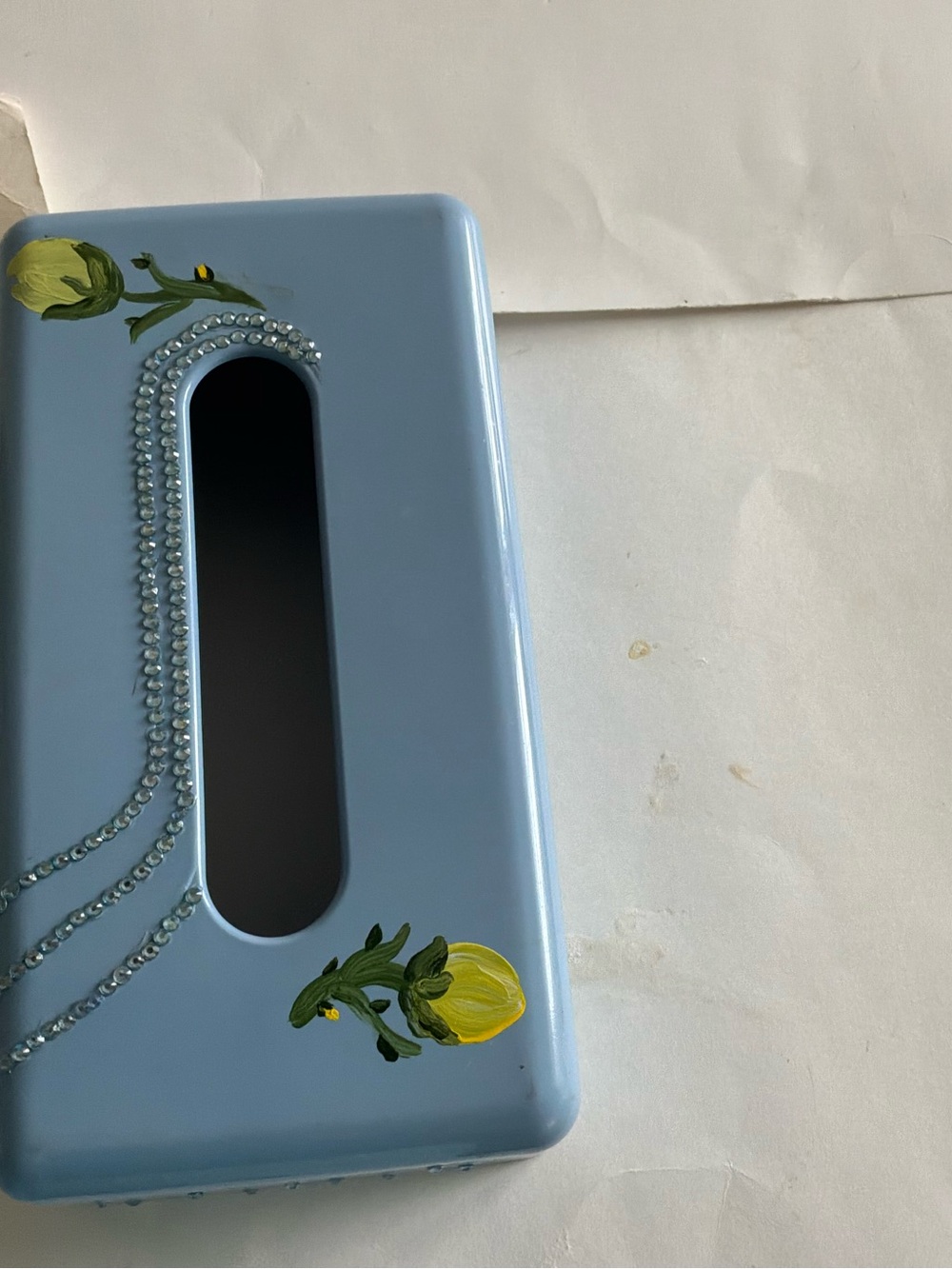 Hand Crafted Light Blue Decorative Tissue Box Cover with Yellow Floral Accents